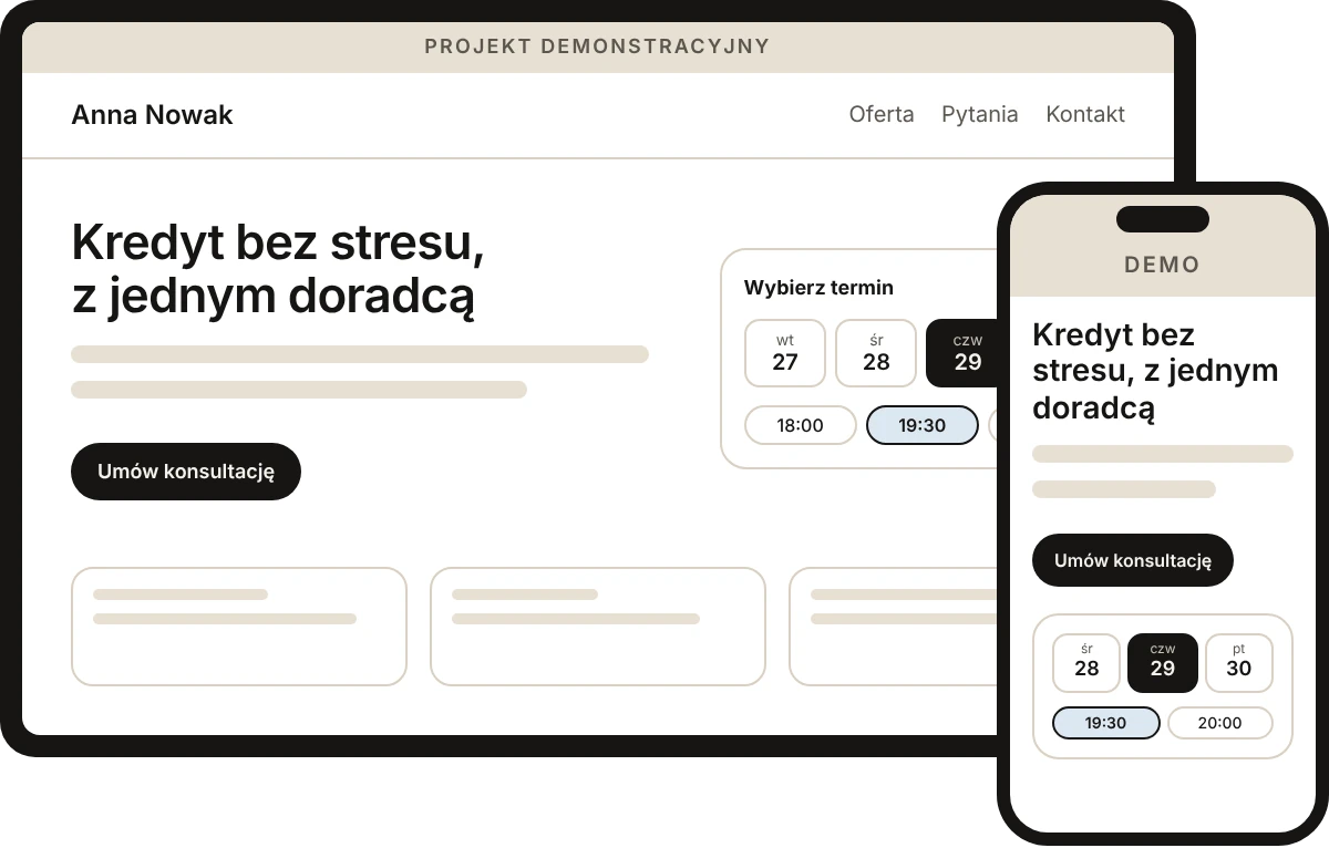 Strona ekspertki kredytowej z dema na komputerze i na telefonie