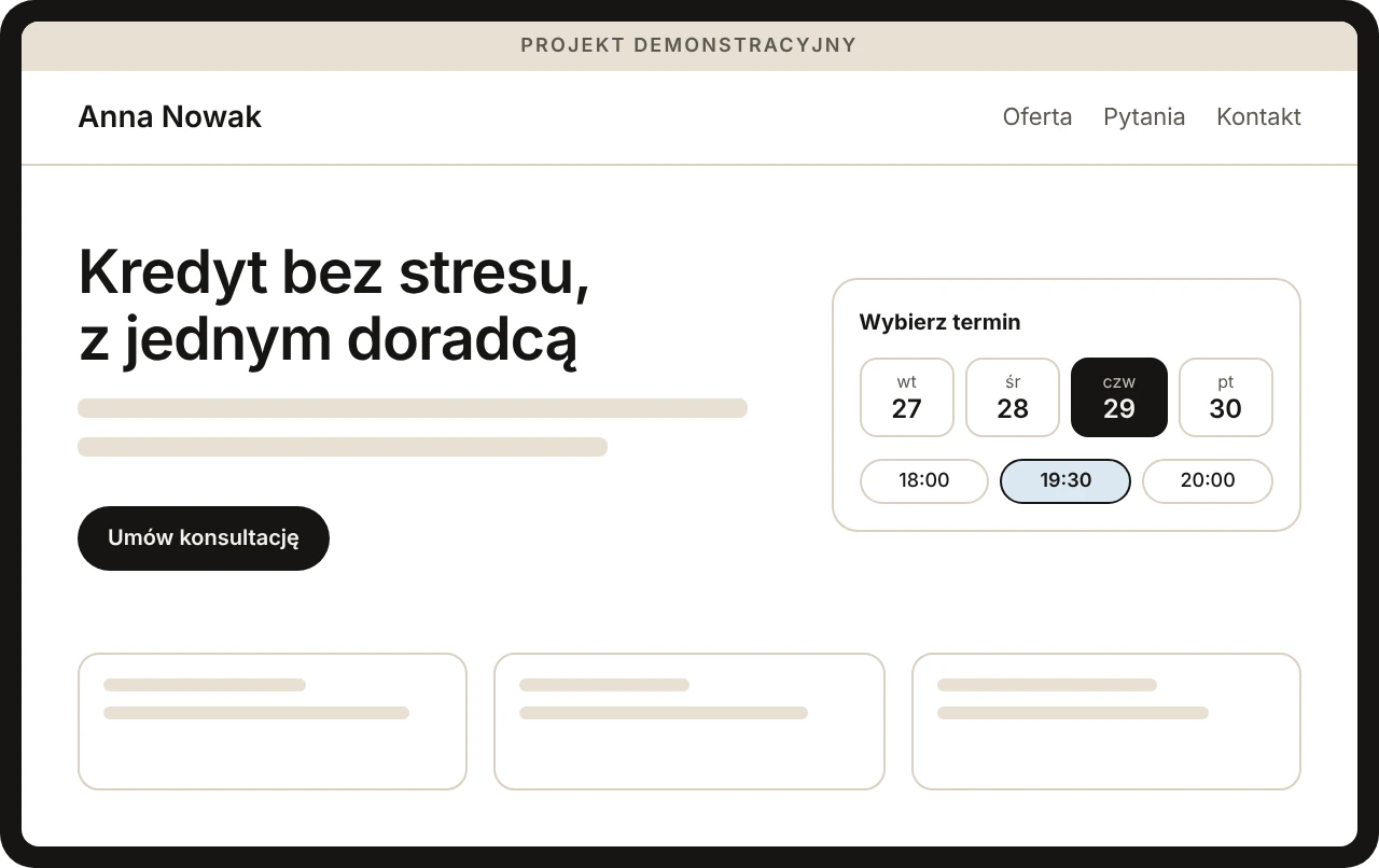 Pierwszy ekran strony ekspertki kredytowej na komputerze, z wyborem terminu