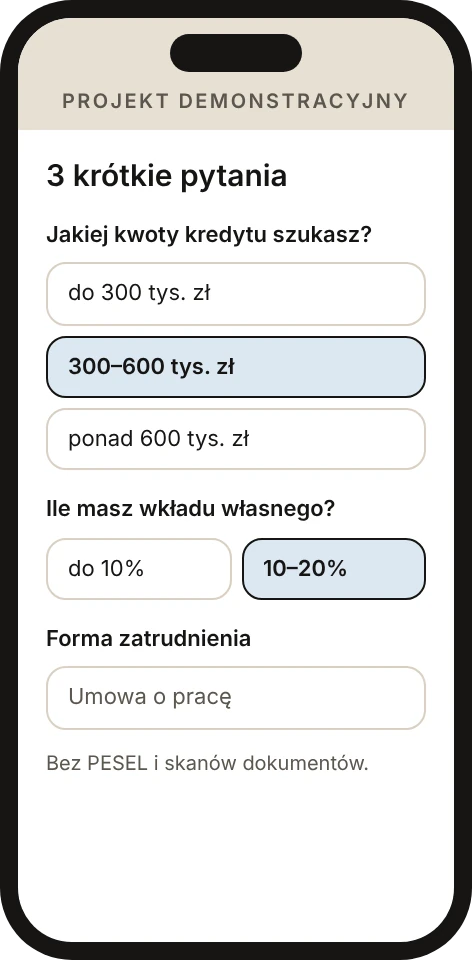 Formularz wstępnej analizy z przedziałami kwot